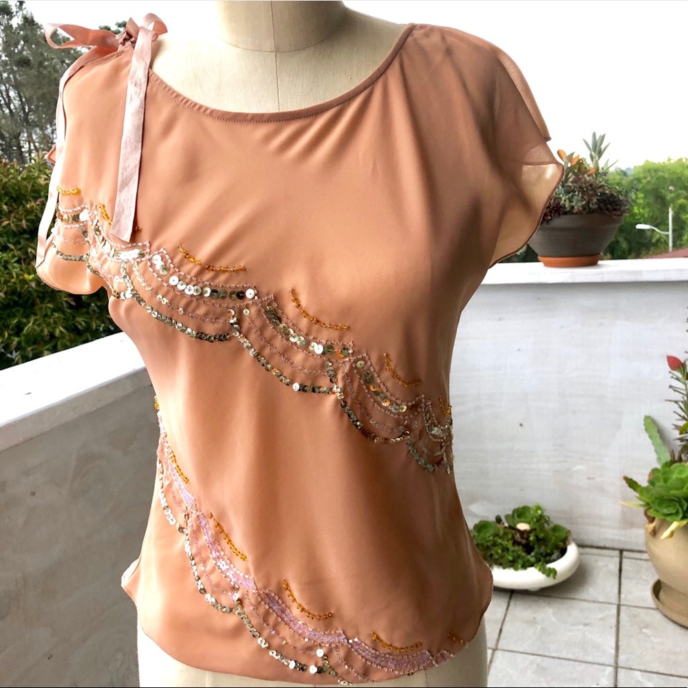 LUX Beads Sequins Slit Sleeves Top Blushed Size S